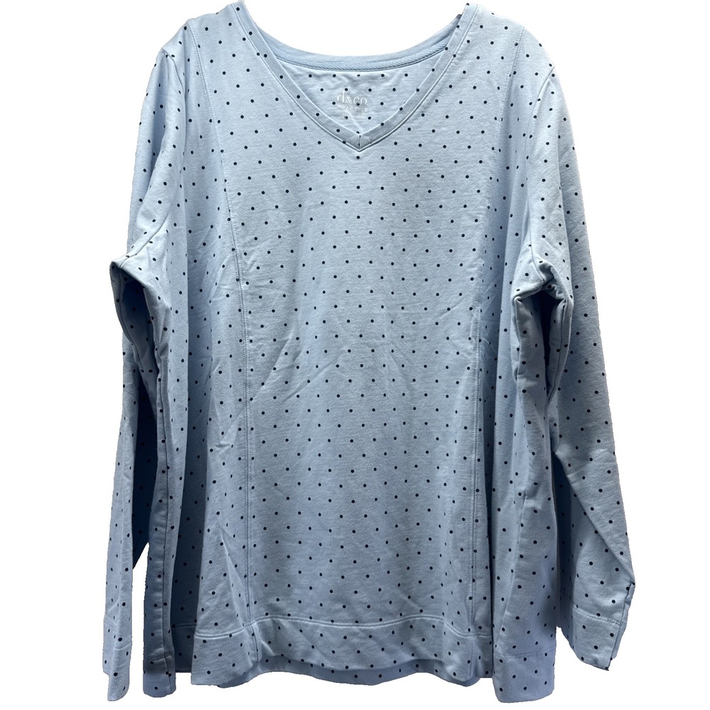 Denim & Co Active Womens Top 1X Plus Blue Polka Dot Long Sleeve V-Neck Pullover
